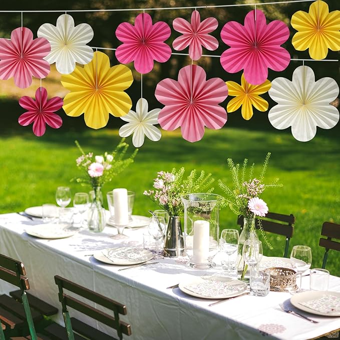 BestoFun 12 PCS Paper Flowers Fans Pink and Yellow Party Decorations Paper Flowers Decorations for Wall Girl Groovy Birthday Baby Shower Wedding Bachelorette Room Hanging Décor