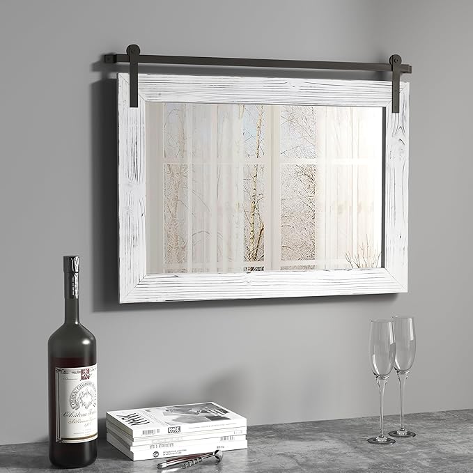 COGOOD Farmhouse Barn Door Mirror - 28" x 20" Rustic Wood Framed Wall Mirror for Bathroom, Living Room, Entryway Wall Decor (White)