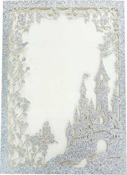 20PCS Castle Pocket Invitations, Quinceanera Invitations with Envelopes, Princess Invitation, Laser Cut quince invites (glitter silver)