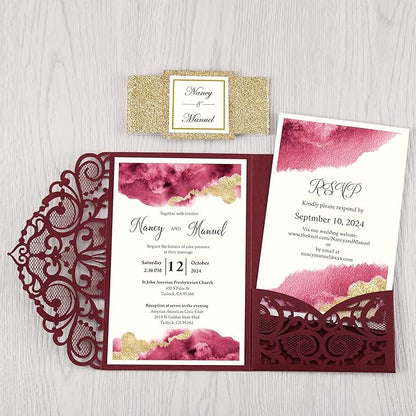 DORIS HOME 50PCS Laser Cut Wedding Invitations with Envelopes and RSVP Cards Personalized Inner With Gold Glitter Belly Band for Wedding Engagement Bridal Shower Party Invite 4.7x7 Inch Burgundy