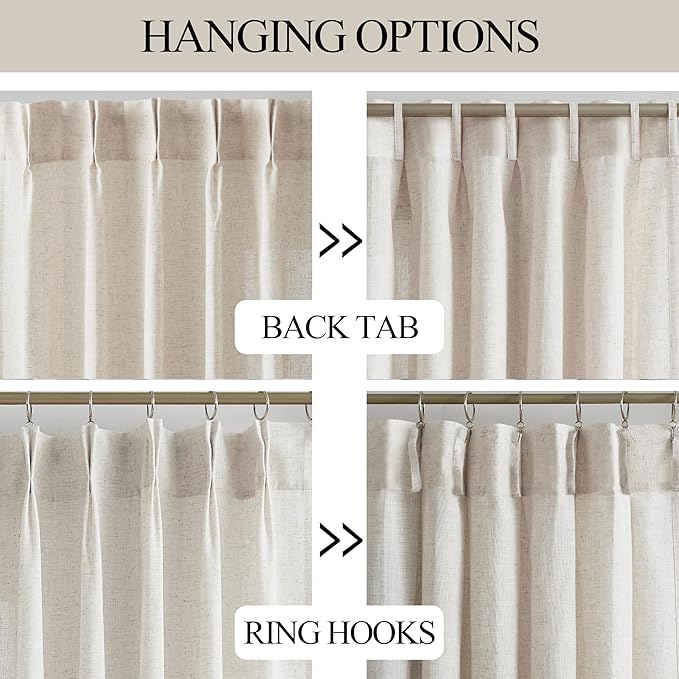 Vision Home Natural Pinch Pleated Semi Sheer Curtains Textured Linen Blended Light Filtering Window Curtains 72 inch for Living Room Bedroom Patio Pinch Pleat Drapes with Hooks 1 Panel 60" Wx72 L
