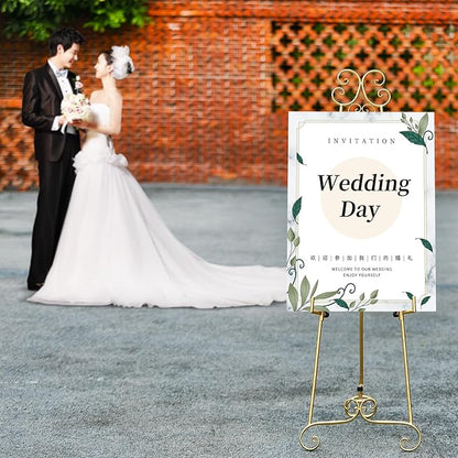 Metal Large Free Standing Adjustable Display Stand Scroll Easel with Chain Support, Gold Easel Stand for Sign, Heavy Duty Easel for Mirror, Wedding, Picture Frame (No Installation Required)
