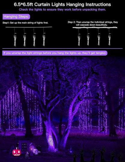 suddus Purple Curtain Lights for Halloween, 200 LED Hanging String Lights with USB Plug, Curtain String Lights Indoor for Bedroom Wall, Christmas, Party, Porch, Holiday Decorations, 6.5ft * 6.5ft