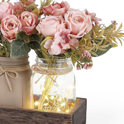 Mkono Mason Jar Lights Centerpiece Table Decorations For Dining Room Farmhouse Table Decor Tray With 3 Jars Flowers Arrangement Summer Decor For Kitchen Living Room Wedding, Pink