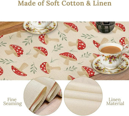 Mushroom Table Runner,Vintage Plant Print Table Runner for Kitchen Dining Table Home Party Decoration 13x60 Inch