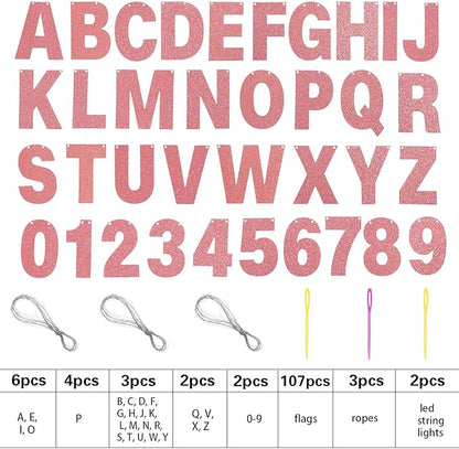 TaoBary 112 Pcs DIY Letter Kit Glitter Customizable Banner Letters Include 107 Letters and Numbers 3 Rope and 2 Needles for Birthday Halloween Christmas Wedding Valentine Party Decor(Rose Gold)