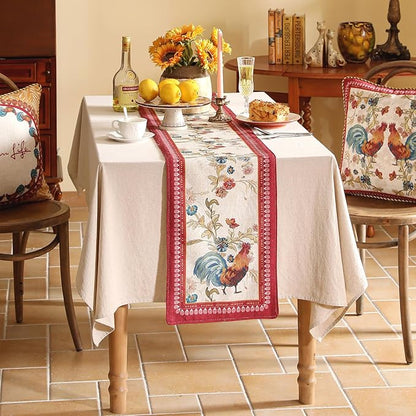 patdrea Designer Farmhouse Linen Table Runner, Rustic Cottage Mauve with Rooster and Floral Pattern Fabric Table Mat, Decoration for Kitchen Dining Coffee Table Banquet Christmas , 12"*102"