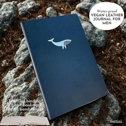 SETTINI Lined Journal, Ideal for Journaling - A5 Vegan Leather Notebook, 192 Archival-Quality Pages, QuillEase Bleed-Free Paper, Inner Pocket & Bookmark - Whale Gifts for Women & Men, Navy Whale