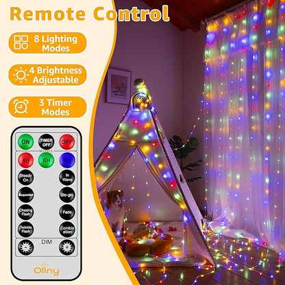 Ollny Curtain Lights 600LED 19.7ft x 9.8ft, IP67 Waterproof Outdoor Curtain Rice Lights with Remote, Plug-in Untangle Fairy Light with 8 Modes 3 Timers for Wall Waterfall Backdrop Decor(Multicolored)