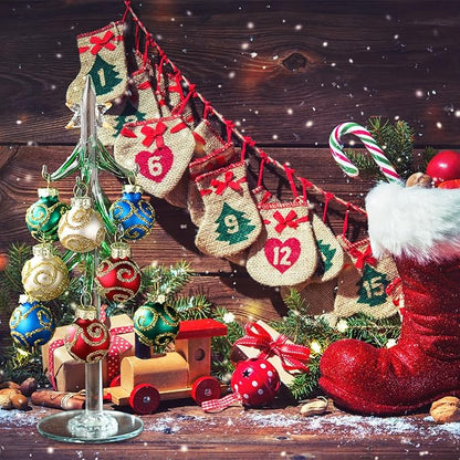 Glass Christmas Tree with 12 Ornament Glitter Balls Tabletop Wine Glass Charms Miniature Christmas Tree Gift for Xmas Holiday Party Novelty Season Home Decor, 7.7 Inch