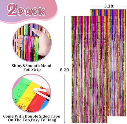 2 Pack 3.3x8.2 Feet Rainbow Foil Fringe Backdrop Curtains, Tinsel Streamers Birthday Party Decorations, Fringe Backdrop for Graduation, Baby Shower, Gender Reveal, Disco Party