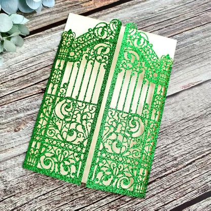 MillaSaw Glitter Green Gate Invitation Sleeve, Laser Cut Catle Invitation For Quinceanera Ball Wedding Bridal Shower Valentine Birthday Christmas 25 Sets (green glitter, 4.9"x7.1")