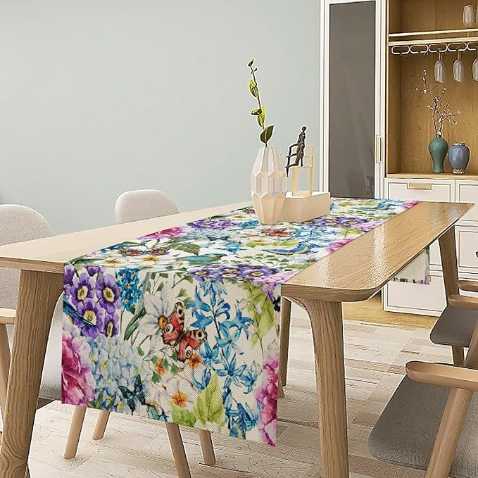 Brown Bird Floral Table Runner Spring Flower Kitchen Table Decoration Suitable for Family Dinner Decoration 13x108 Inch