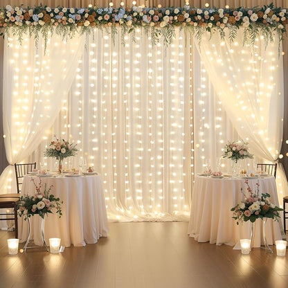 10x10ft Ivory Chiffon Backdrop Curtain with Lights String for Wedding Parites, Sheer Photo Backdrop Curtains for Baby Shower Bridal Shower Birthday Party Ceremony Reception