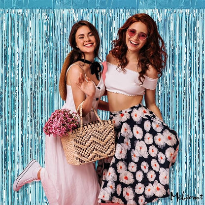 4 Pack Fringe Curtain Backdrop, 3.2Ft x 6.6Ft Light Blue Metallic Tinsel Foil Fringe Streamers Background for Photo Booth Birthday Wedding Baby Shower Easter Pool Ocean Underwater Party Decorations