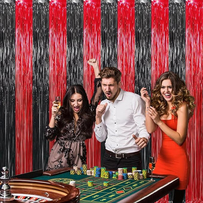 GOER 3.2 ft x8.2 ft Metallic Tinsel Foil Fringe Curtains Party Photo Backdrop Party Streamers for Birthday,Graduation,New Year Eve Decorations Wedding Decor (4 Pcs,Black&Red)