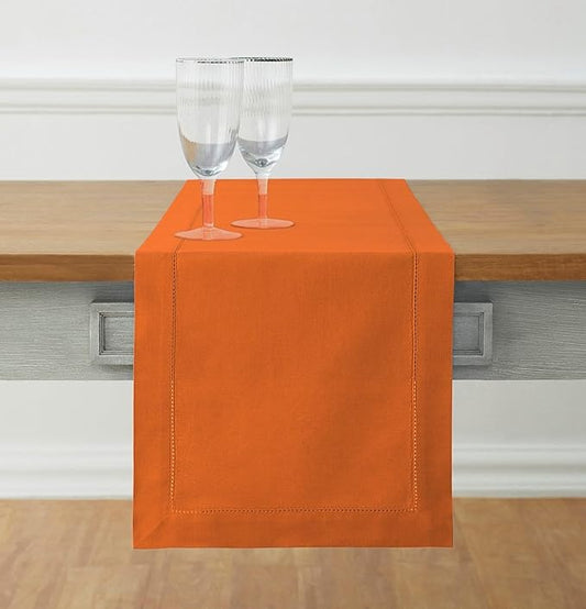 Solino Home Cotton Linen Table Runner 36 Inches - Pumpkin Hemstitch Table Runner 14 x 36 Inch Ideal for Dresser and Coffee Tables - Fall, Autumn, Halloween, Thanksgiving, Holiday