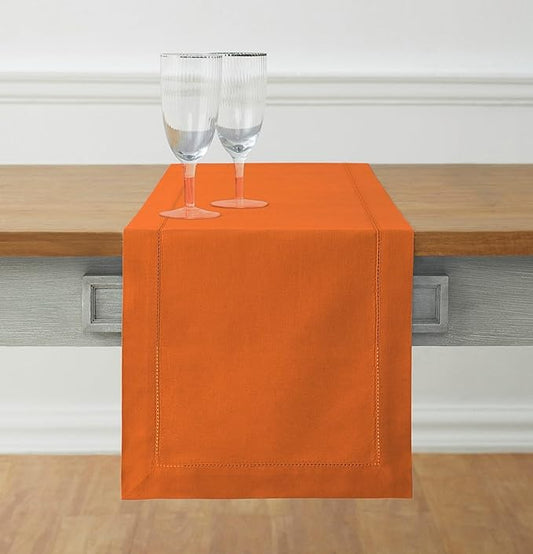 Solino Home Cotton Linen Pumpkin Table Runner 90 Inches Long - Hemstitch 14 x 90 Inch Table Runner for Fall, Autumn, Halloween, Thanksgiving, Holiday - Handcrafted and Machine Washable