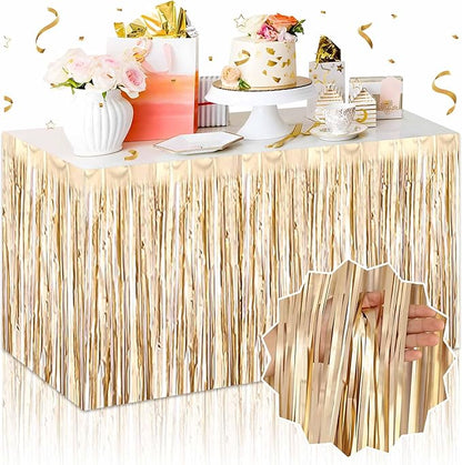 3 Pack 29 x108 Inch Champagne Gold Foil Fringe Table Skirts Metallic Banner for Tinsel Streamer Garland Backdrop for Parade Floats Mother's Day, Graduate, Birthday, Wedding Party Decoration
