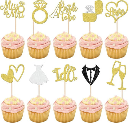 30 PCS Bride to Be Cupcake Toppers Glitter Wedding Cupcake Toppers I Do Love Heart Ring Miss to Mrs Cupcake Picks for Bridal Shower Wedding Engagement Party Cake Decorations Supplies Gold