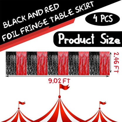 4 Pack 29x108 Inch Metallic Foil Fringe Tinsel Table Skirts for Rectangle Tables Streamer Backdrop for Wedding, Birthday, Parade Floats, Christmas, Halloween Party Decoration(Black Red)