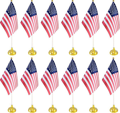12 Pack USA US Desk Flags,Small Mini American Deluxe Table Flags Set with Stand Base，8.2 x 5.5 inches Miniature Desktop Flag