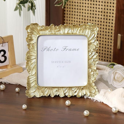 Cuspin 6x6 Gold Picture Frame, Vintage Gold Palm Leaves Textured Hand-Crafted Resin Frames with Glass Front, Retro Square Photo Frame for Wall and Tabletop Display Home Decor