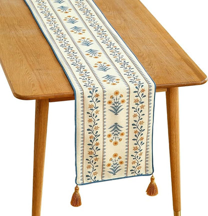 ISAENNE Designer Pale Yellow Elegant Linen Extra Long Table Runner 118 Inches,French Floral Pattern Elegant Table Runners for Dining Tables,Thanksgiving,Kitchen Tables,Christmas,12"*118"-Estevan A
