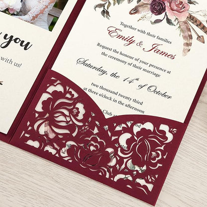 DORIS HOME 50pcs Laser Cut Wedding Invitations with Envelopes Burgundy, 4.7x7.1 Personalized Invitation Cards for Wedding, Anniversary Invitations with Envelopes
