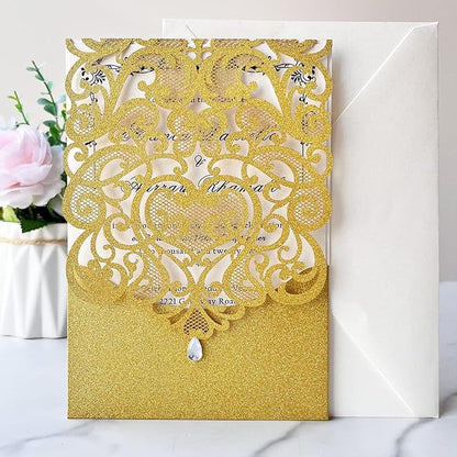 Hosmsua 5.12 x 7.3 50pcs Personalized Gold Laser Cut Flora Wedding Invitation Cards with Rhinestone and Envelopes Invitations for Quinceañera Wedding Invite (Customized Printed)