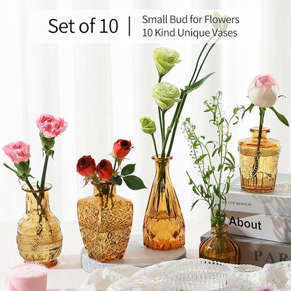 Vintage Small Glass Vases Set of 10,Mini Bud Vases for Flowers,Amber Glass Vases for Centerpieces,Wedding Decorations,Home Table Flower Decor (Amber)