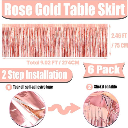 6 Pack 29x108 Inch Metallic Foil Fringe Tinsel Table Skirts Banner for Rectangle Tables Streamer Garland Curtains Backdrop for Wedding, Birthday, Parade Floats, Christmas Party Decoration(Rose Gold)