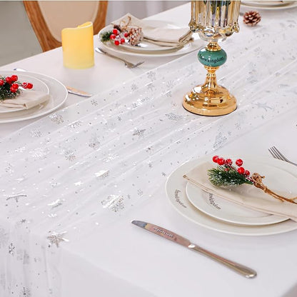 Snowkingdom 6 Pcs Christmas Snowflake Table Runners, 120 Inch Sheer Chiffon Gauze Cheesecloth, Silver Glitter Sequin Metallic Party Dining Table Decorations for Christmas Winter Holiday New Year