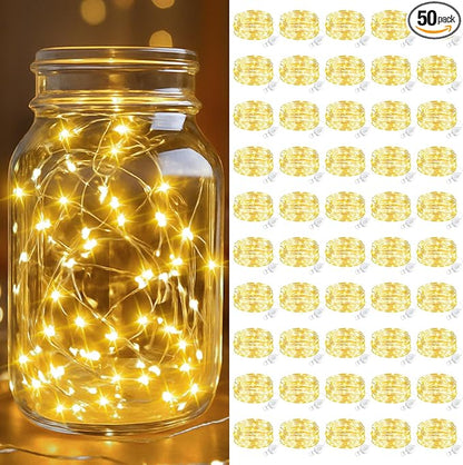 btfarm 50 Pack Fairy Lights Battery Operated, 7FT 20 LED Mini String Lights Waterproof Silver Wire for Mason Jars Centerpiece Table Crafts Bedroom Christmas Decoration, Warm White