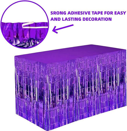 Purple Streamers Party Decorations, 2 Packs Purple Table Skirts Metallic Foil Fringe Tinsel for Birthday Graduation Mermaid Easter Wizard Float Parade Mardi Gras Halloween Party Supplies - 29x108 Inch