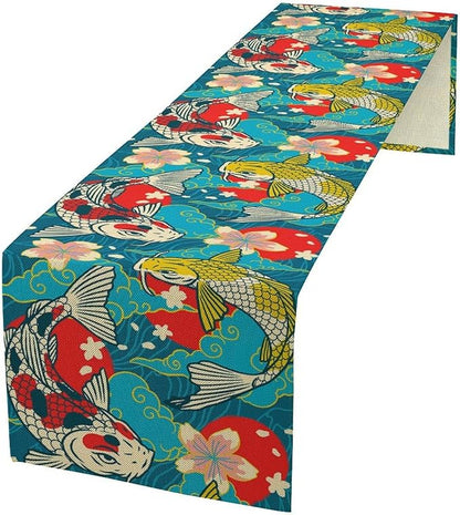 Japanese Kio Fish Table Runner Oriental Tradition Cherry Art Printed Burlap Runner Home Kitchen Dining Table Living Room Decor Fabric 1 Panel W13xL60in