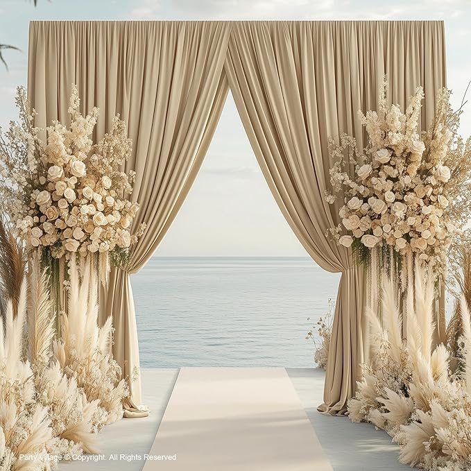 PartyVillage 20ft×15ft Beige Backdrop Curtain for Wedding Parties, 4 Panels Wrinkle Free 15 FT Long Polyester Photo Backdrop Drapes Back Drop Cloth for Birthday Photography Background