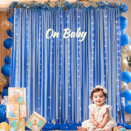 Royal Blue Backdrop Curtains with Lights String for Wedding Parties Sheer Tulle Backdrop Curtain Panels for Bridal Shower Baby Shower Birthday Photo Shoot Background Decorations 2 Panels 10×10ft