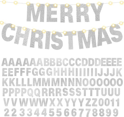 TaoBary 112 Pcs DIY Letter Kit Glitter Customizable Banner Letters Include 107 Letters and Numbers 3 Rope and 2 Needles for Birthday Halloween Christmas Wedding Valentine Party Decor(Silver)