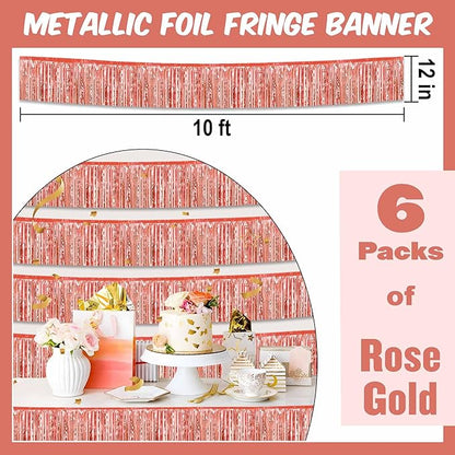 6 Pack 10 Ft Rose Gold Foil Fringe Garland Metallic Streamers Tinsel Banner Wall Hanging Garland Backdrop for Parade Floats, Halloween, Christmas, Thanksgiving, New Year Party Decorations