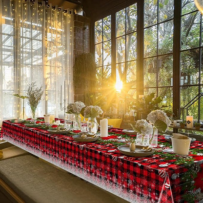 12Pcs Christmas Buffalo Plaid Snowflake Tablecloths,Plastic Red and Black Checkered Rectangle Christmas Tree Color Ball Table Cover for Winter Christmas New Year Holiday Party Decorations,54x108 inch