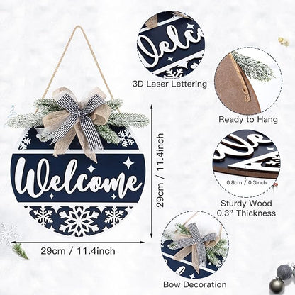 CHDITB Blue Welcome Winter Front Door Sign Wreath(11.4”), Wooden 3D Welcome Home Decoration Wall Hanging with Plaid Bow Snowflake, Farmhouse Christmas New Year Decor for Home Office
