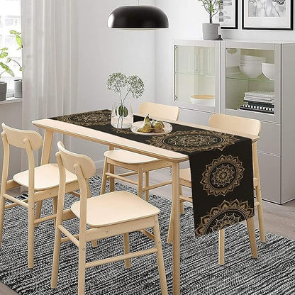 Golden Mandala Table Runner, Traditional Indian Gold Black Flower Vintage Luxury Bohemian Mandala Table Runner for Home Kitchen Dinning Table Indoor Outdoor Holiday, 13x60inch