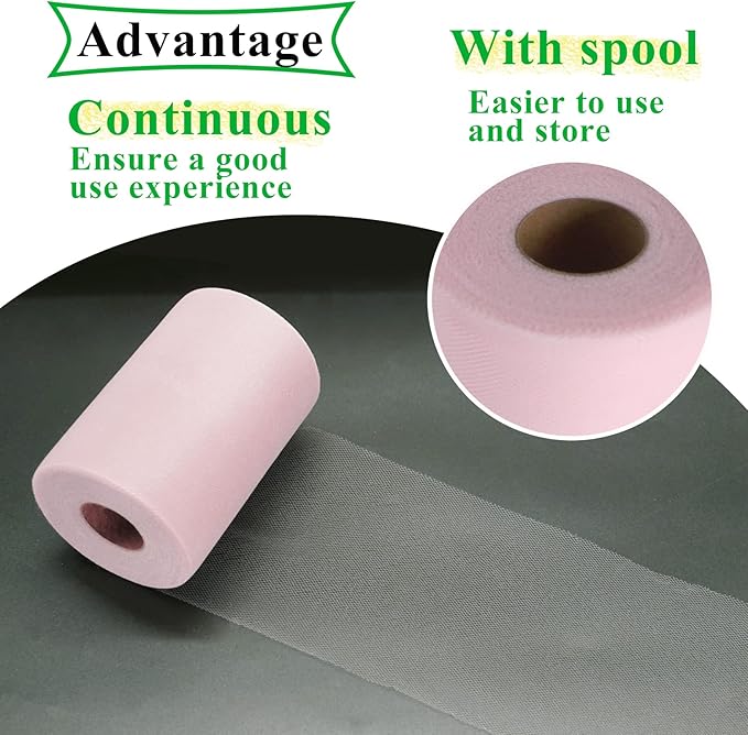 Light Pink Tulle Fabric Rolls 6 Inch by 100 Yards (300 feet) Fabric Spool Tulle Ribbon for DIY Light Pink Tutu Bow Baby Shower Easter Birthday Party Wedding Decorations Christmas Craft Supplies