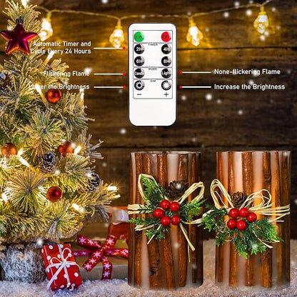 Silverstro Christmas Fake Candles with Remote Embedded Cinnamon Bark Blinks Real Wax Decorative Candles for Home Party Xmas Holiday Decorations - D3.23 X H6 Set of 2