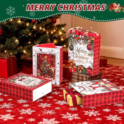LYLIN 4Pcs 16" Large Christmas Gift Bags with 8 Tissue Papers, Reusable Christmas Tote Bags with Handles, Bulk Xmas Treat Bags for Wrapping Gifts, Party Favors and Holiday Decor