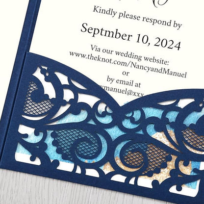 DORIS HOME 50PCS Laser Cut Wedding Invitations with Envelopes and RSVP Cards Personalized Inner With Gold Glitter Belly Band for Wedding Engagement Bridal Shower Party Invite 4.7x7 Inch Navy Blue