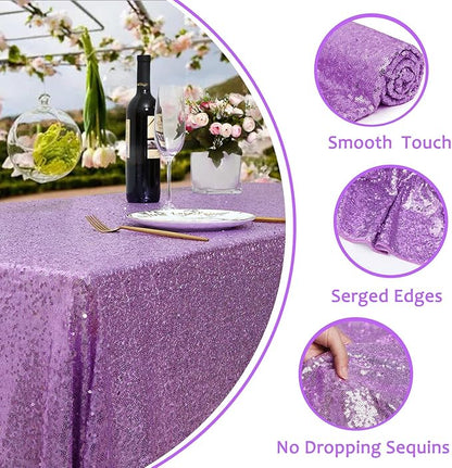 QueenDream Sparkly Sequin Tablecloth - Light Purple Table Cloth 50x80 Inches Rectangle Table Overlay Fabric for Birthday Parties Baby Shower Decoration