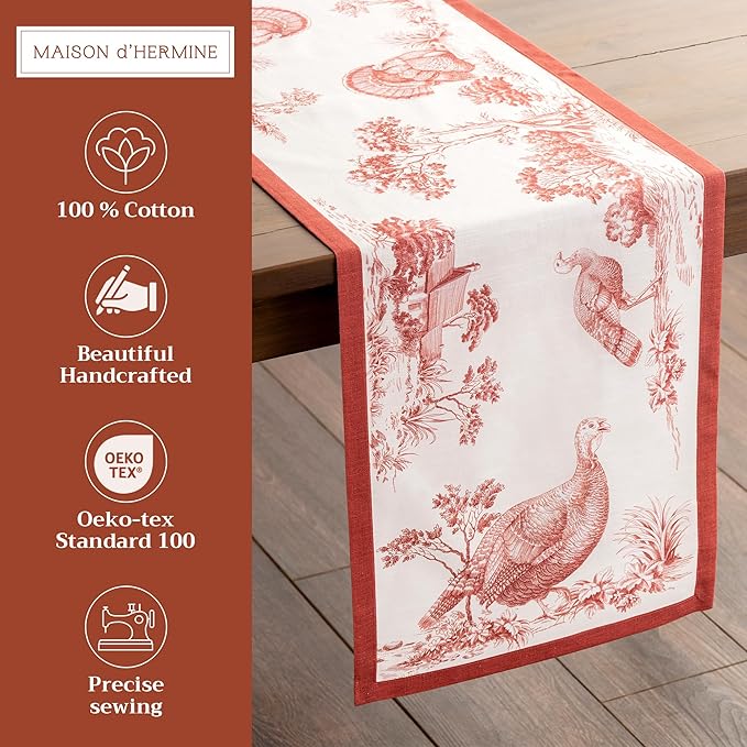 Maison d' Hermine Table Runner 100% Cotton Single Layer Table Runners 72 inches Long for Thanksgiving Christmas Decorations Home Kitchen Dining Party Wedding (Holy Jouy - Red, 14.5" x 72")