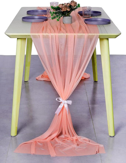MDS 5 Pack 10ft Chiffon Table Runner 29 x 120 Inches Sheer Wedding Runner Romantic Rustic Table Runner for Wedding Decorations, Birthday Parties, Bridal Shower Party Arch Decor - Peach